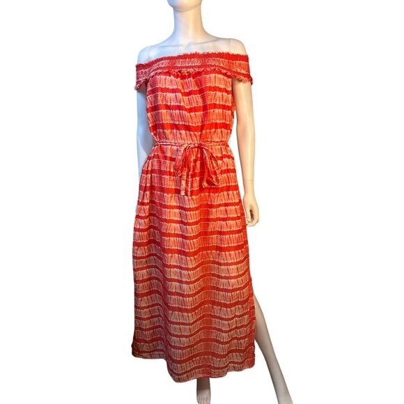 MICHAEL Michael Kors Shibori Off Shoulder Orange Striped Midi Dress Size 1X NWT - Picture 1 of 9